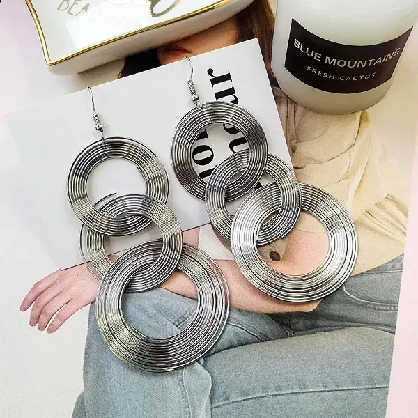 Silver Triple Hoop Drop Earrings | Trendy Statement Jewelry