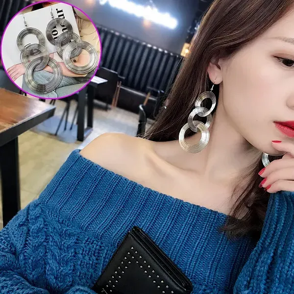 Thumbnail of Silver Triple Hoop Drop Earrings | Trendy Statement Jewelry