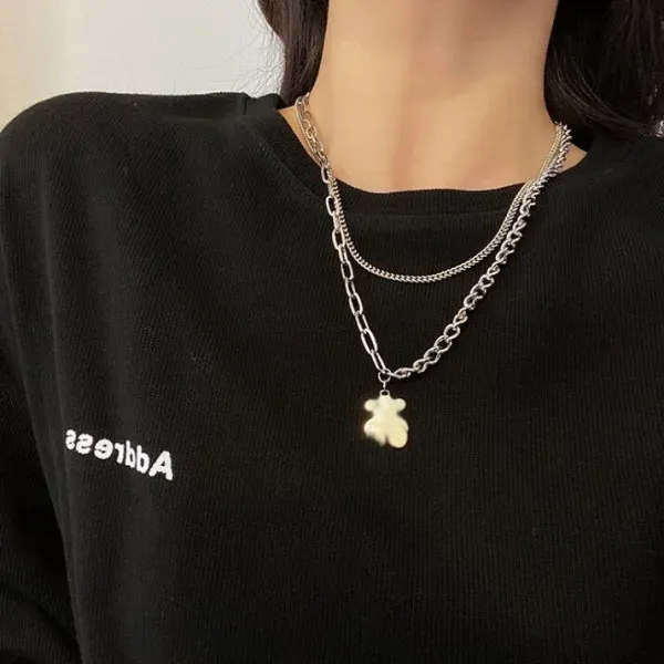 Double Layer Silver Bear Pendant Necklace