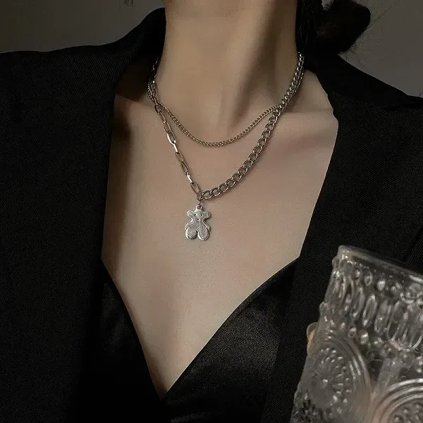Double Layer Silver Bear Pendant Necklace