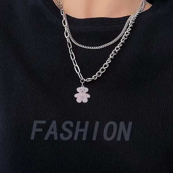 Double Layer Silver Bear Pendant Necklace
