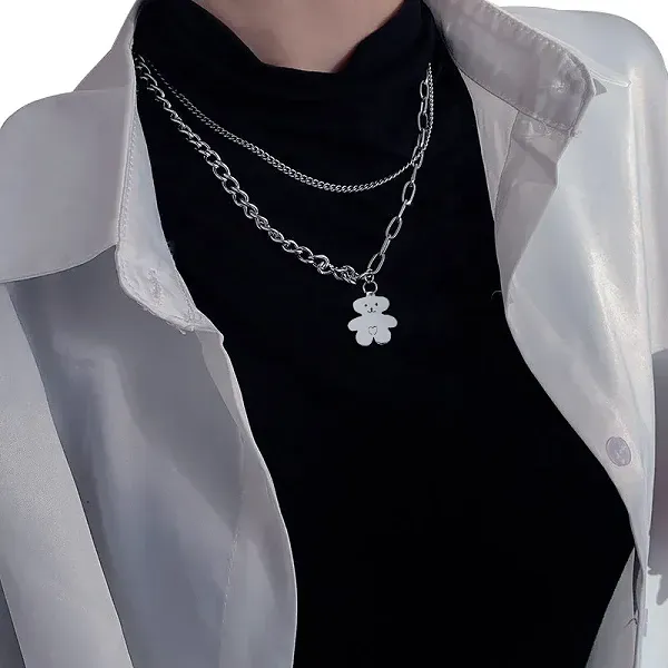 Double Layer Silver Bear Pendant Necklace