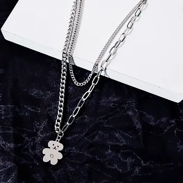 Double Layer Silver Bear Pendant Necklace