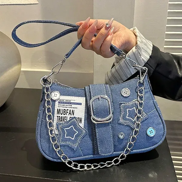 Trendy Denim Shoulder Bag with Stars