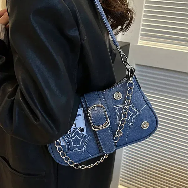 Trendy Denim Shoulder Bag with Stars