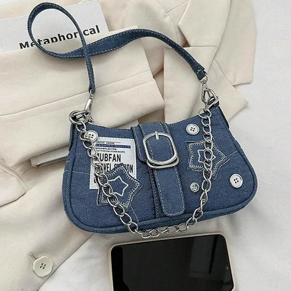 Trendy Denim Shoulder Bag with Stars