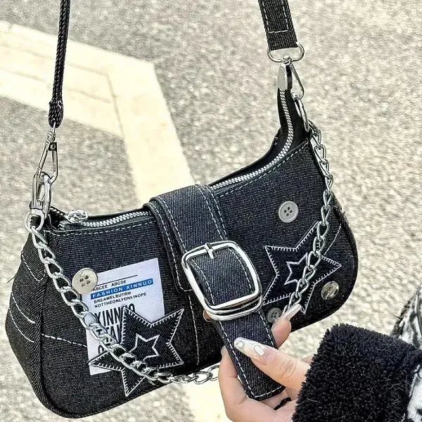 Trendy Denim Shoulder Bag with Stars