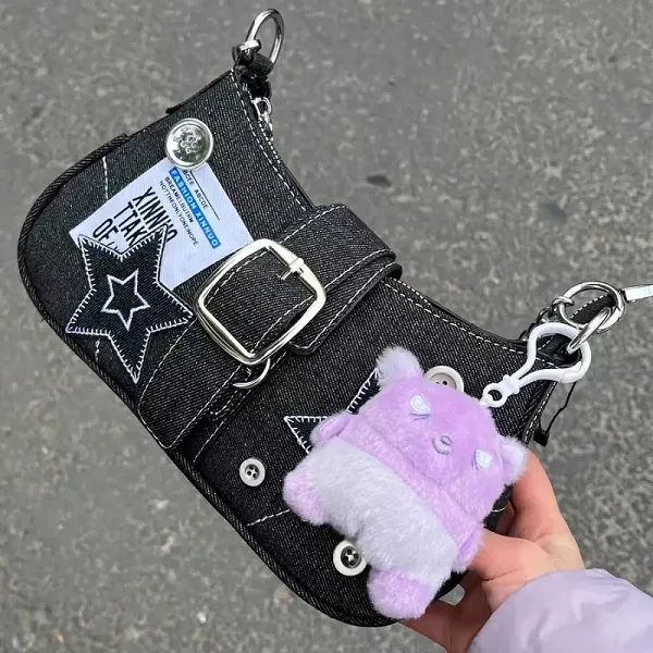 Trendy Denim Shoulder Bag with Stars