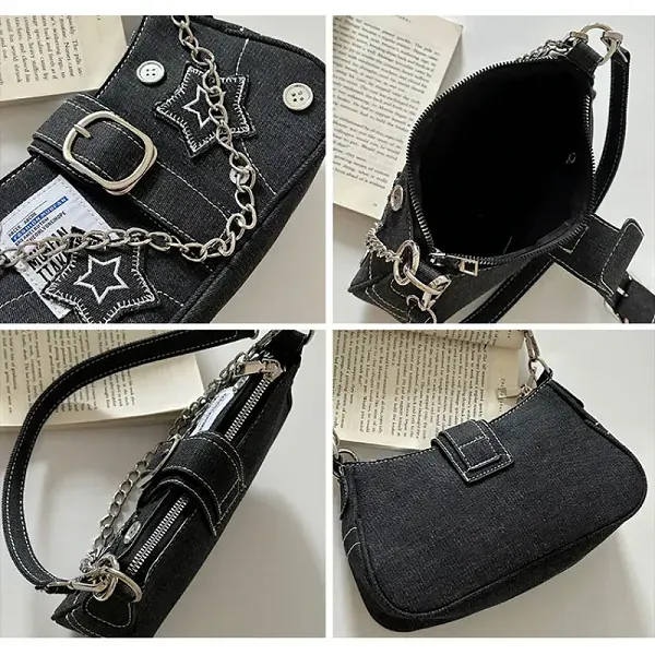 Trendy Denim Shoulder Bag with Stars