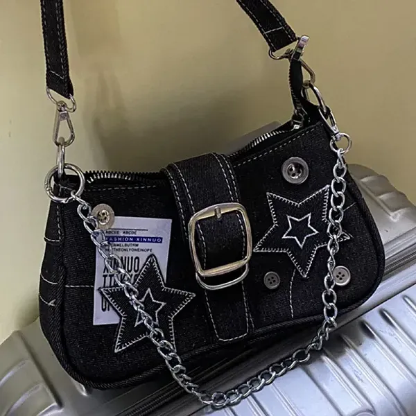 Trendy Denim Shoulder Bag with Stars