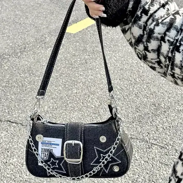 Trendy Denim Shoulder Bag with Stars