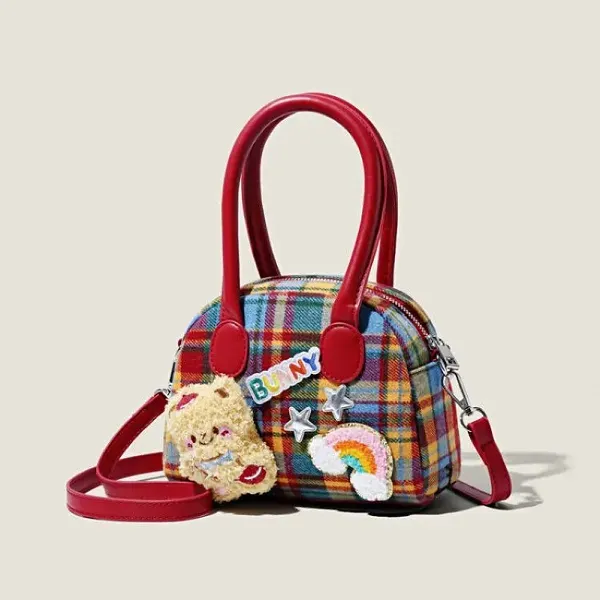 Cute Plaid Mini Bag with Fun Patches