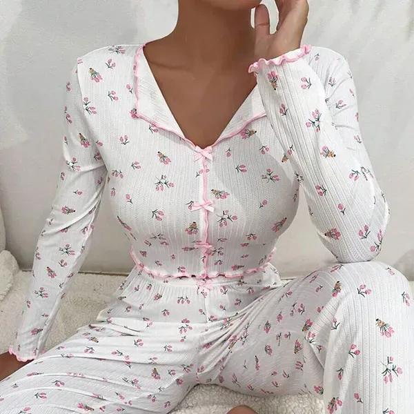Thumbnail of Ditsy Floral Ribbed Crop Top Pajama Set | Dorbe UAE