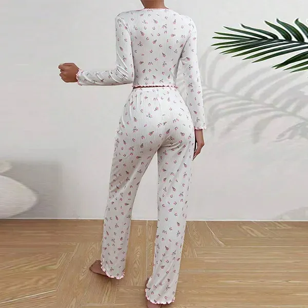 Ditsy Floral Ribbed Crop Top Pajama Set | Dorbe UAE