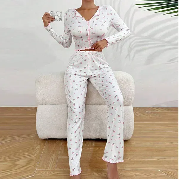 Ditsy Floral Ribbed Crop Top Pajama Set | Dorbe UAE