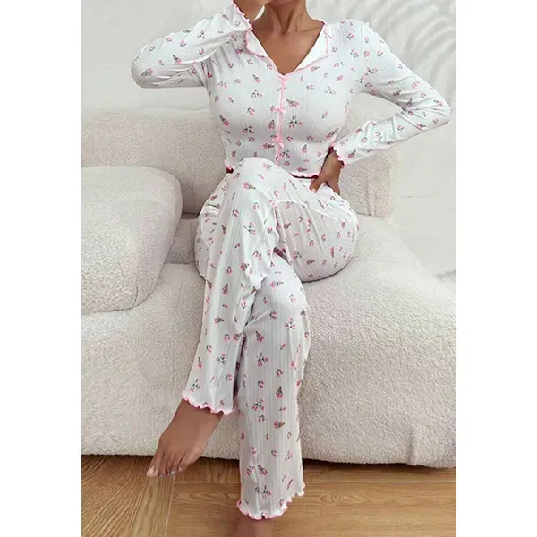 Ditsy Floral Ribbed Crop Top Pajama Set | Dorbe UAE