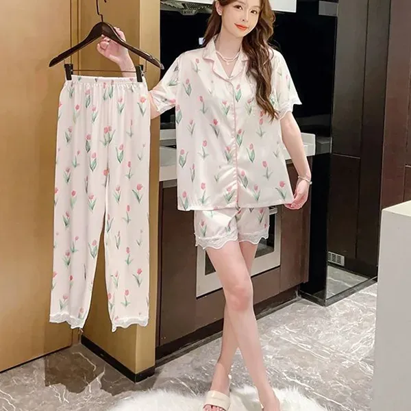 Tulip Print Satin Two Pieces Pajama Set