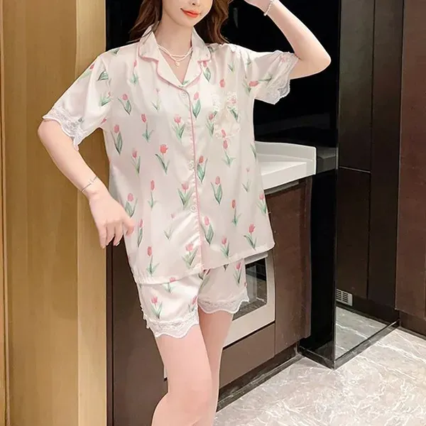Tulip Print Satin Two Pieces Pajama Set