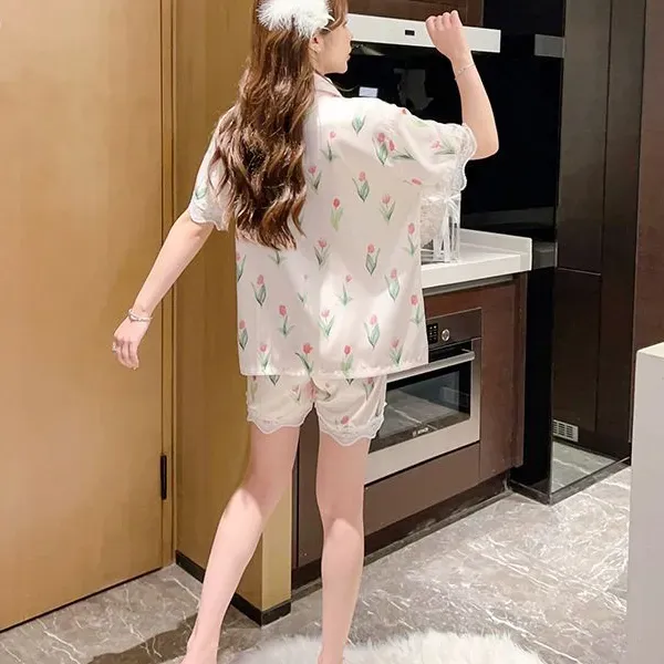 Tulip Print Satin Two Pieces Pajama Set
