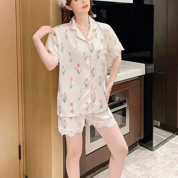 Tulip Print Satin Two Pieces Pajama Set