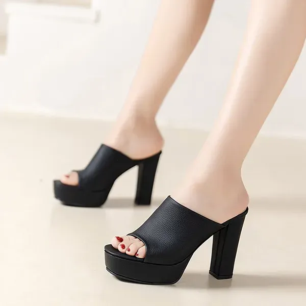 High Block Heel Platform Mules - Elegant Peep Toe Sandals
