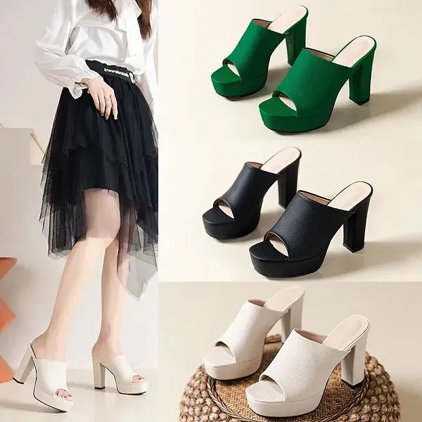 High Block Heel Platform Mules - Elegant Peep Toe Sandals