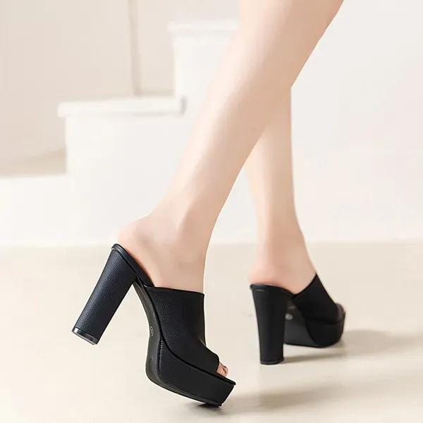 High Block Heel Platform Mules - Elegant Peep Toe Sandals