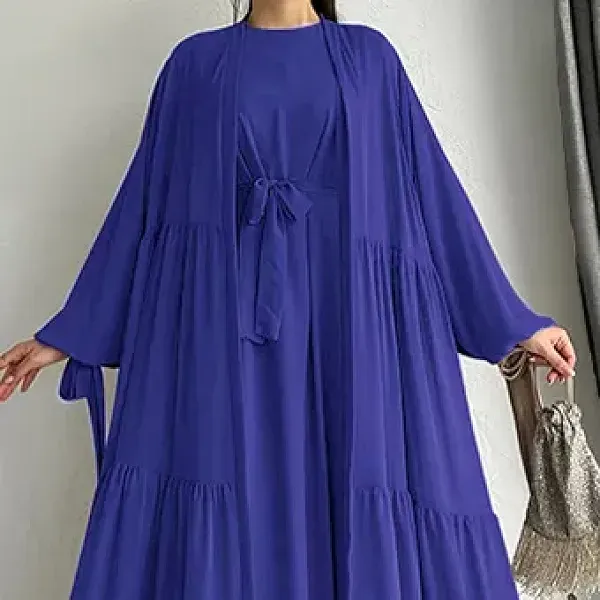 Long Sleeve Ruffle Hem Abaya Dress with Cardigan