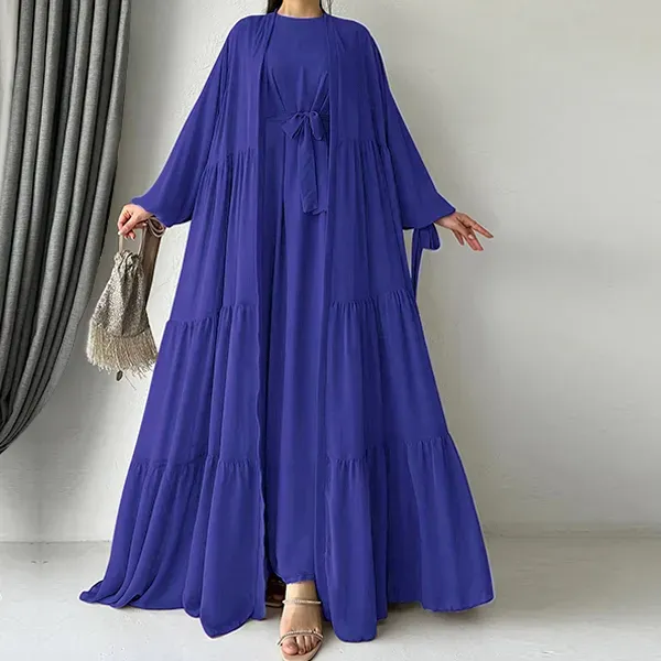 Long Sleeve Ruffle Hem Abaya Dress with Cardigan