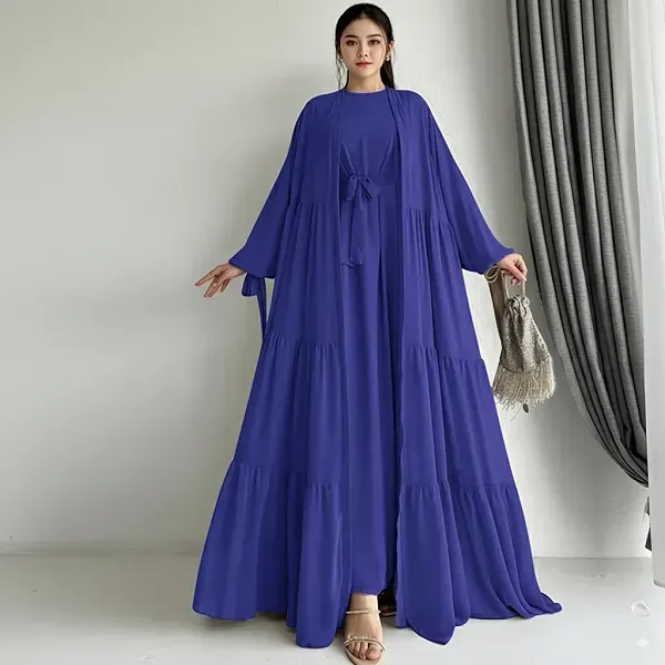 Long Sleeve Ruffle Hem Abaya Dress with Cardigan