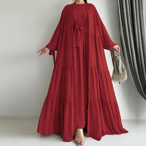 Long Sleeve Ruffle Hem Abaya Dress with Cardigan