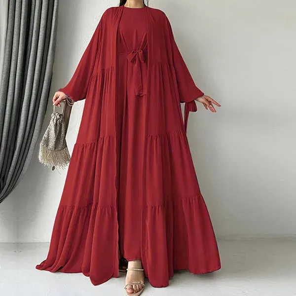 Long Sleeve Ruffle Hem Abaya Dress with Cardigan