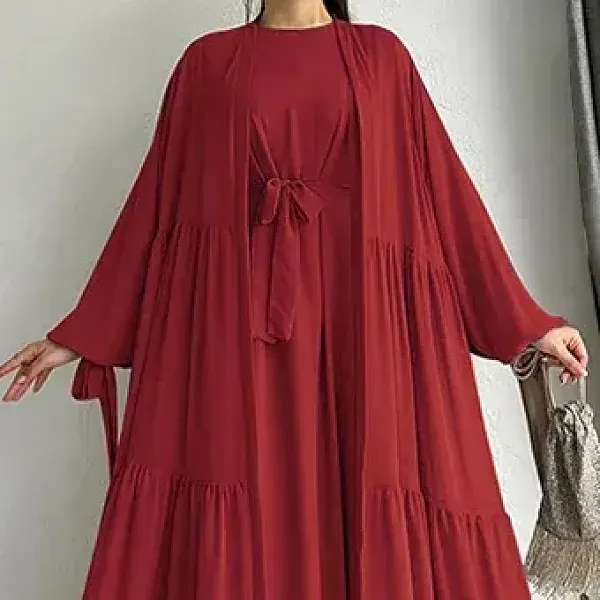 Long Sleeve Ruffle Hem Abaya Dress with Cardigan