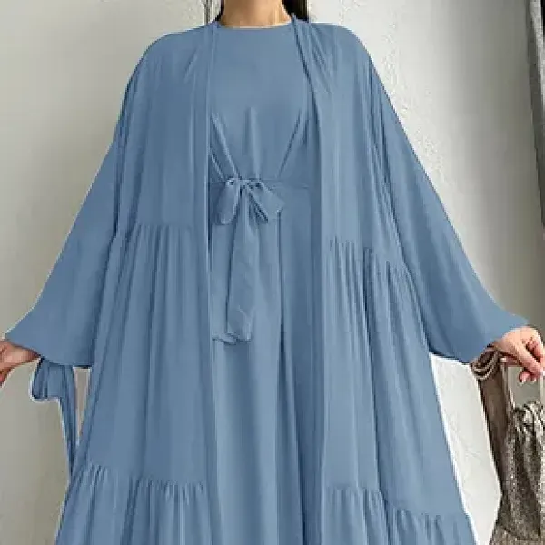 Long Sleeve Ruffle Hem Abaya Dress with Cardigan