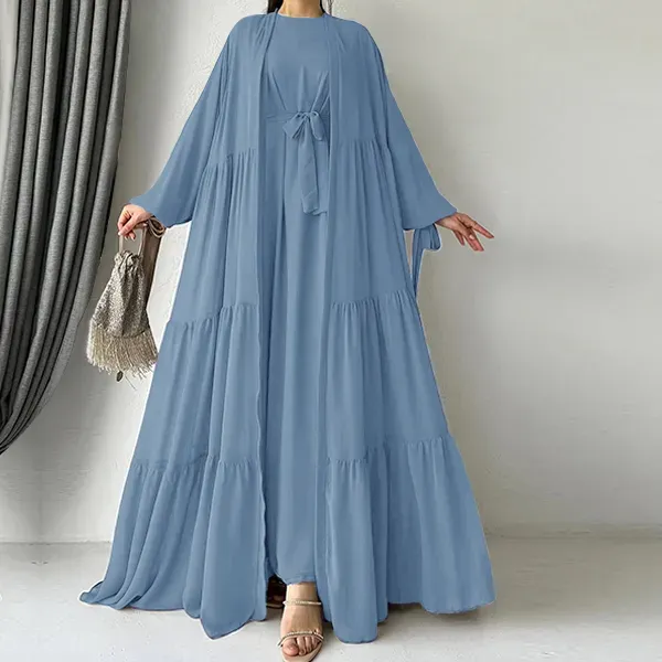 Long Sleeve Ruffle Hem Abaya Dress with Cardigan