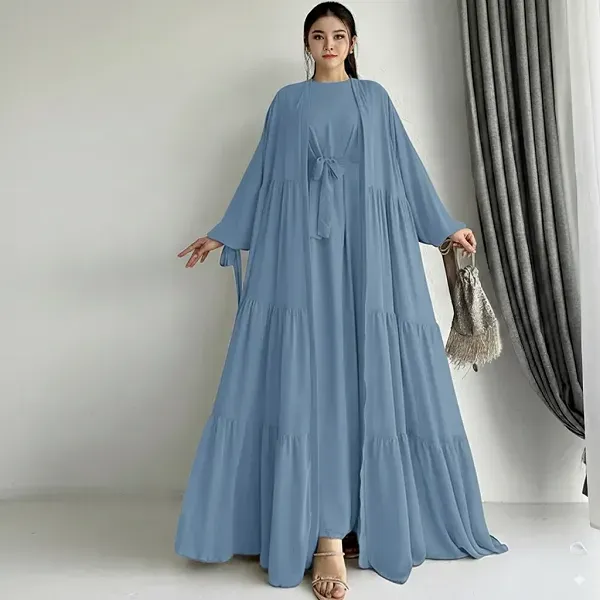 Long Sleeve Ruffle Hem Abaya Dress with Cardigan
