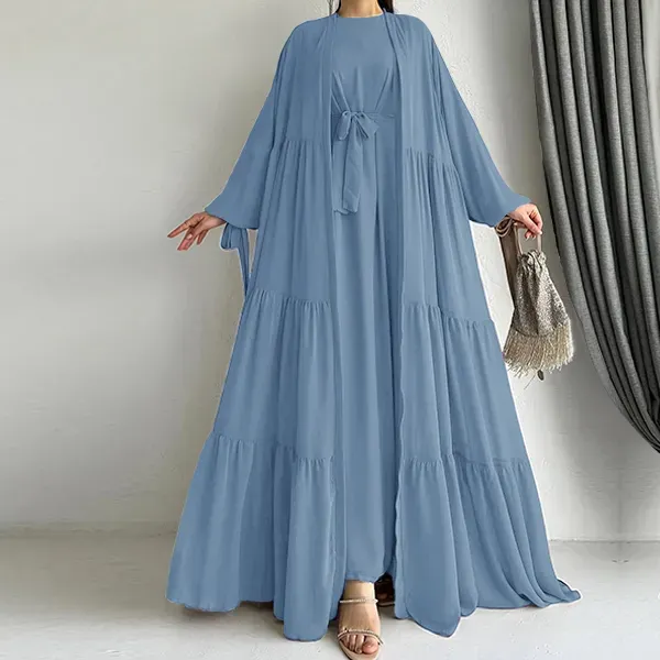 Long Sleeve Ruffle Hem Abaya Dress with Cardigan