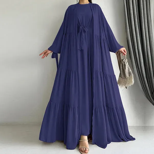 Long Sleeve Ruffle Hem Abaya Dress with Cardigan