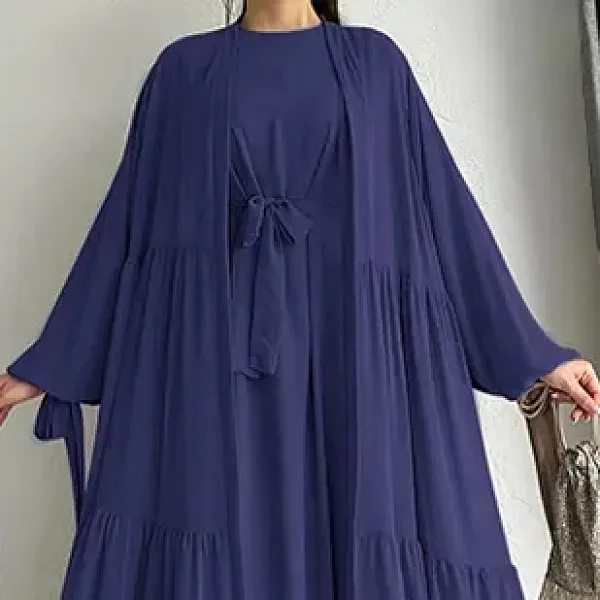 Long Sleeve Ruffle Hem Abaya Dress with Cardigan