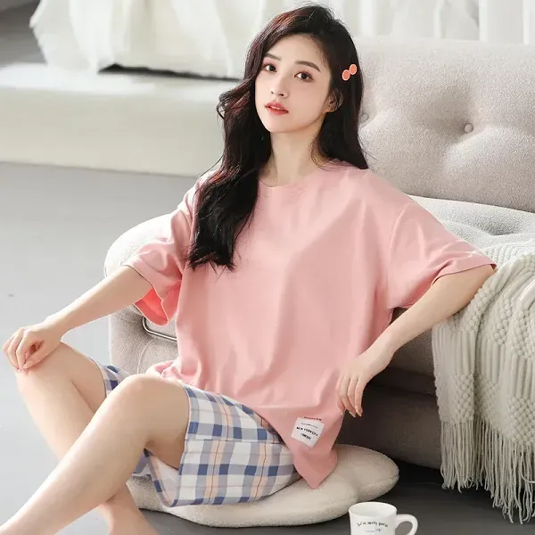 Casual T-Shirt and Plaid Shorts Pajama Set