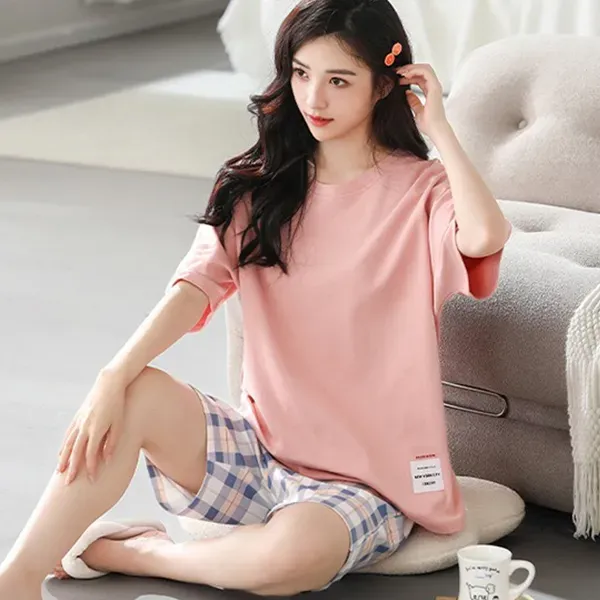 Casual T-Shirt and Plaid Shorts Pajama Set