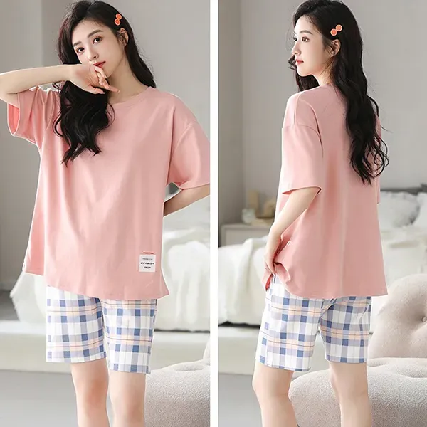 Casual T-Shirt and Plaid Shorts Pajama Set