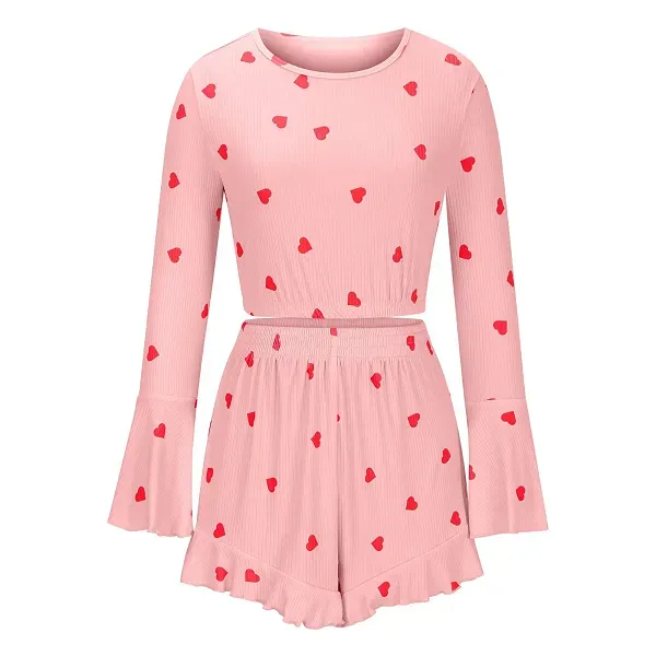 Heart Print Bell Sleeve Crop Top & Ruffle Shorts Set | Dorbe UAE