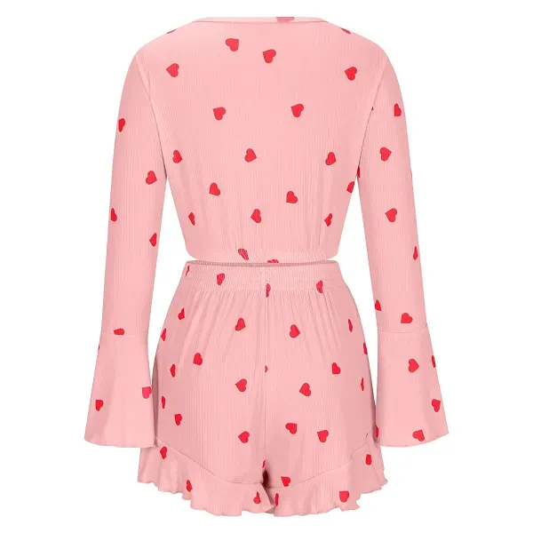 Thumbnail of Heart Print Bell Sleeve Crop Top & Ruffle Shorts Set | Dorbe UAE