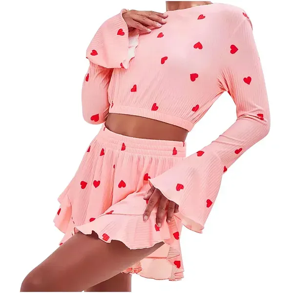 Heart Print Bell Sleeve Crop Top & Ruffle Shorts Set | Dorbe UAE