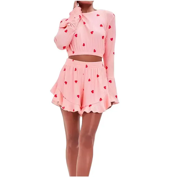 Heart Print Bell Sleeve Crop Top & Ruffle Shorts Set | Dorbe UAE