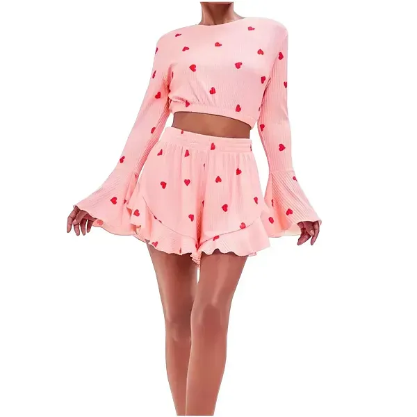 Heart Print Bell Sleeve Crop Top &amp; Ruffle Shorts Set | Dorbe UAE