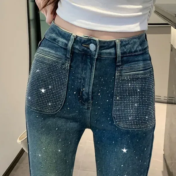Sparkly Rhinestone High Waist Flare Jeans