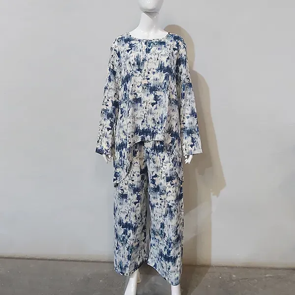 DORBE Baroque Pattern Irregular Length Blouse Top Elastic Waist Wide Leg Trouser 2 Piece Set