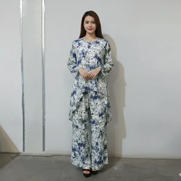 Thumbnail of DORBE Baroque Pattern Irregular Length Blouse Top Elastic Waist Wide Leg Trouser 2 Piece Set